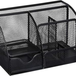 Greenco Mesh Desk Organizer Office & Dorm Room Supplies Caddy, 6 Compartments, Small Black Desk Organizer for Pen, Pencil, Small Office Supplies and Stationary Accessories Storage Organization