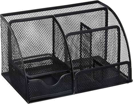 Greenco Mesh Desk Organizer Office & Dorm Room Supplies Caddy, 6 Compartments, Small Black Desk Organizer for Pen, Pencil, Small Office Supplies and Stationary Accessories Storage Organization