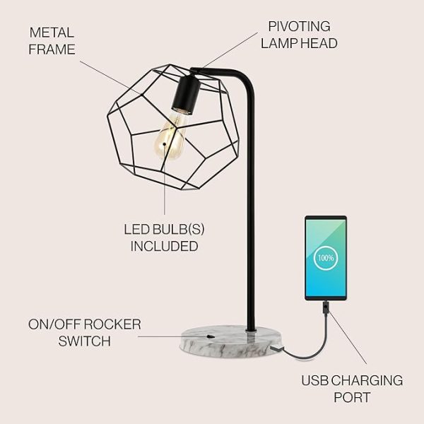 JONATHAN Y JYL1132A Penta 23.5" Industrial Farmhouse Head-Adjustable Iron LED Task Lamp with USB Charging Port Contemporary, Modern Bedside Desk Nightstand Lamp, Black - Image 4