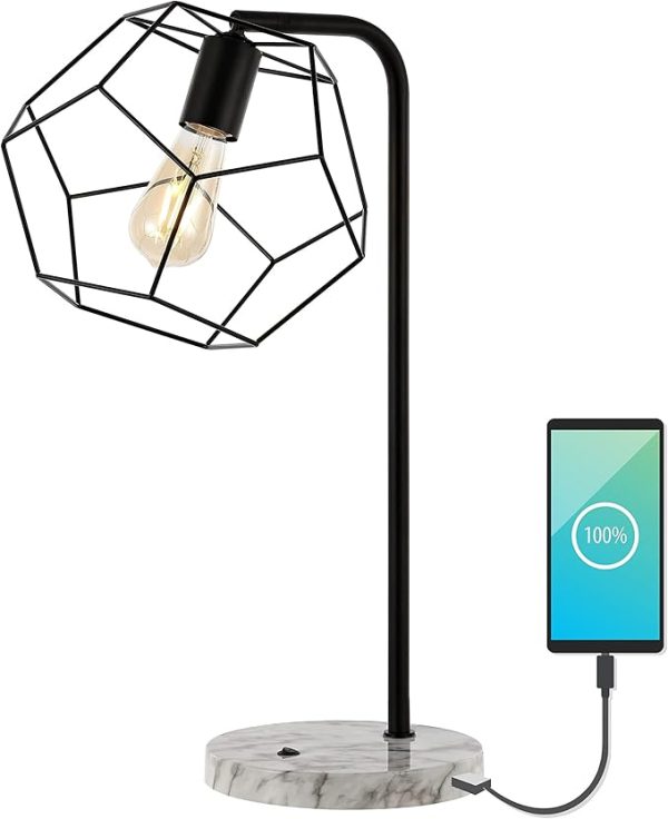 JONATHAN Y JYL1132A Penta 23.5" Industrial Farmhouse Head-Adjustable Iron LED Task Lamp with USB Charging Port Contemporary, Modern Bedside Desk Nightstand Lamp, Black