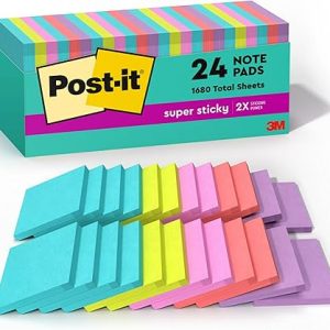 Post-it Super Sticky Notes, 3x3 in, 24 Pads, 2x the Sticking Power, Supernova Neons, Bright Colors, Recyclable