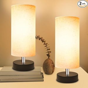 Small Lamp for Bedroom, Bedside Lamps for Night Stands, Mini Minimalist Table Lamp with Round Flaxen Fabric Shade, 11 Inch Desk Reading Lamp for Dorm Room Living Room Office Room, 2 Pack
