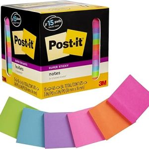 Post-it Super Sticky Notes, Assorted Bright Colors, 3x3 in, 15 Pads/Pack, 45 Sheets/Pad, 2x the Sticking Power, Recyclable, Multi-color