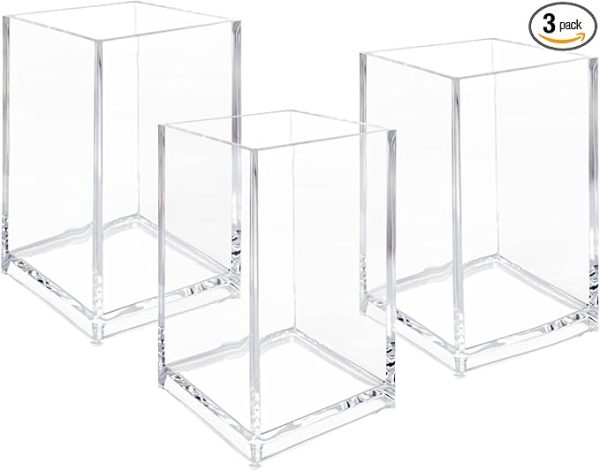 3 Pack Clear Acrylic Cosmetic Pencil Pen Holder Cup, Clear Makeup Brush Holder, Desk Acrylic Brushes Storage