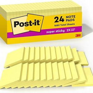Post-it Super Sticky Notes, 24 Sticky Note Pads, 3 x 3 in., School Supplies, Office Products, Sticky Notes for Vertical Surfaces, Monitors, Walls and Windows, Canary Yellow