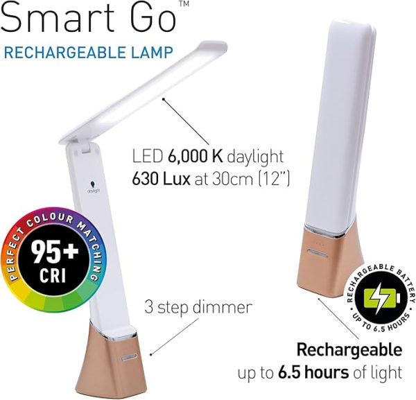 Daylight Company Smart Go Portable Ideal for Reading, Light Therapy, Everyday Tasks, Crafts, Desk Work, DIY, Led, Chargeable lamp, 1 Count (Pack of 1), White - Image 4
